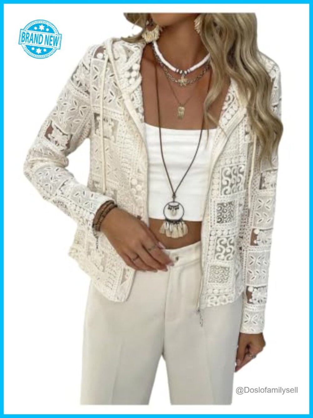 Lace Crochet Zip Up Cardigan Sheer Lightweight Hooded Sweater